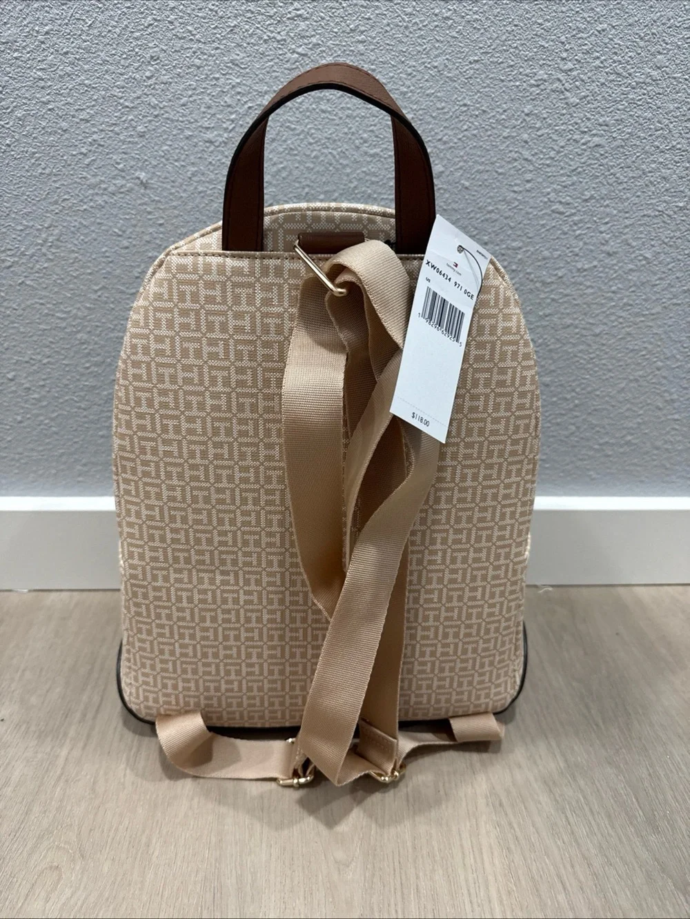 Tommy Hilfiger Beige Monogram Backpack with Brown Accents